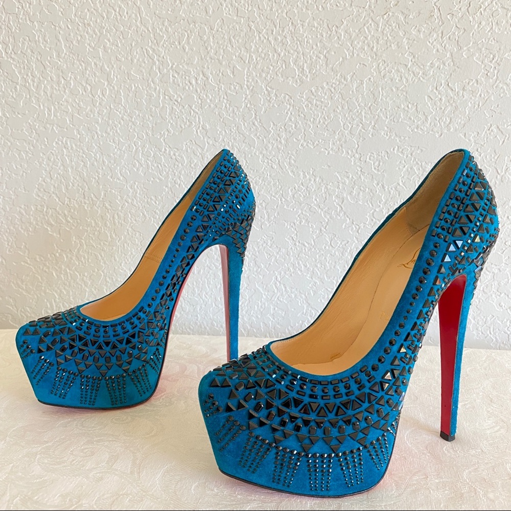 CHRISTIAN LOUBOUTIN Blue 
Decora Strass Suede platform Pumps - Picture 2 of 15